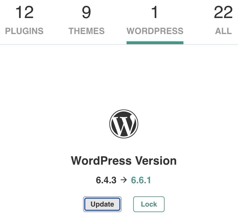 BlogVault dashboard showing available WordPress core and plugin updates