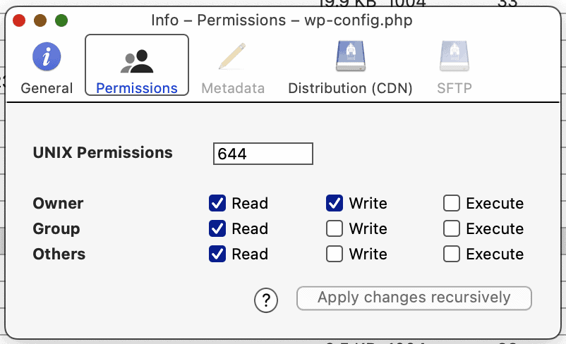 FTP client dialog for changing WordPress file permissions