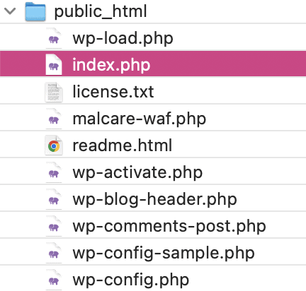 WordPress index.php file selected in the public_html folder