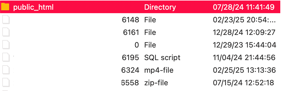 Hosting file manager with the public_html folder selected