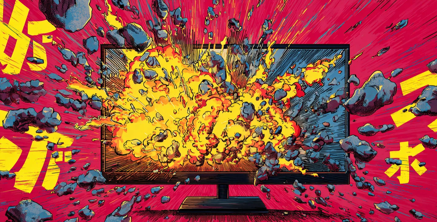 Computer monitor exploding outward, representing destructive Japanese keyword spam