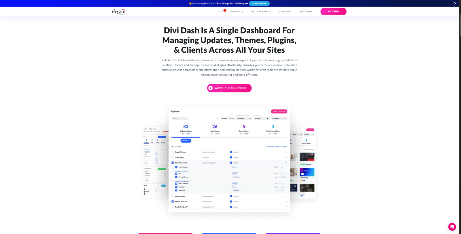Divi Dash homepage showing its multisite management dashboard