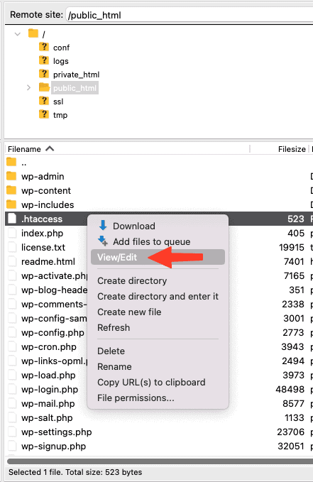 FileZilla showing the .htaccess file in the WordPress root directory