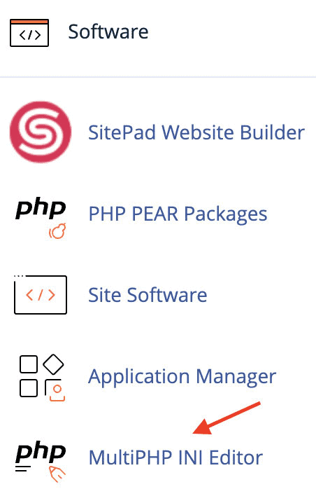 Hosting control panel menu highlighting the MultiPHP INI Editor