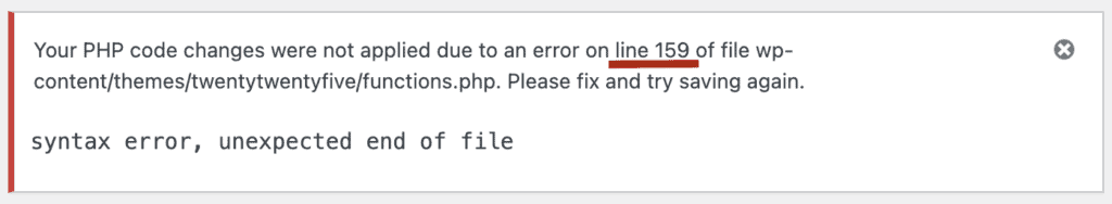 WordPress parse error identifying the affected PHP file and line number