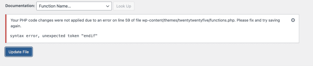 WordPress parse error showing an unexpected token and the affected PHP file path