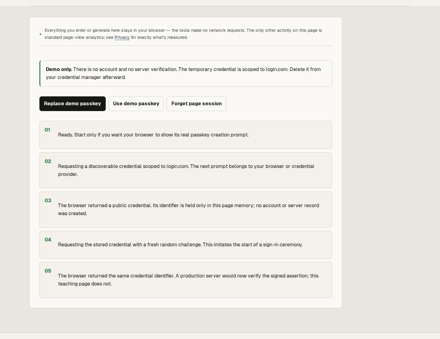 Login.com passkey demo showing a newly created credential and a signed challenge being used for authentication