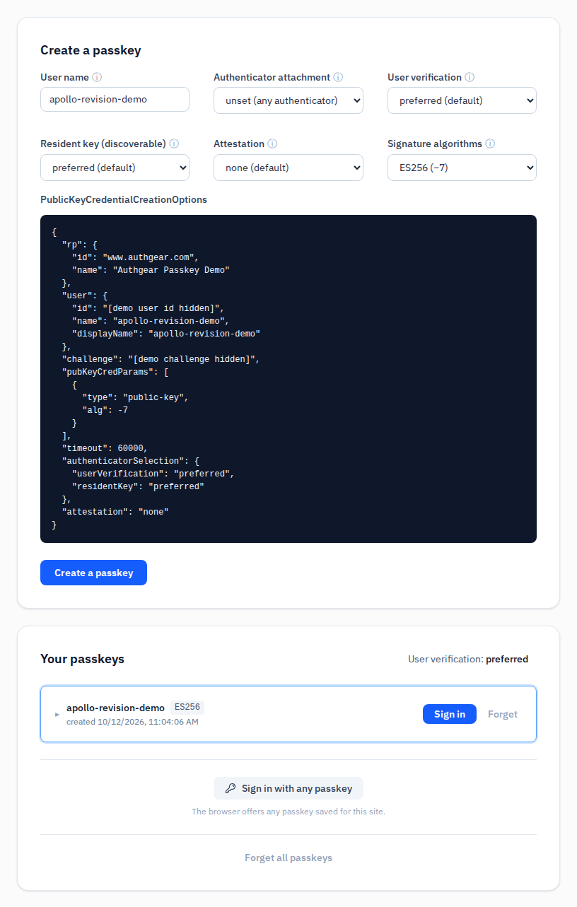 Authgear passkey demo displaying credential options, relying-party scope, challenge data, and a saved public-key record