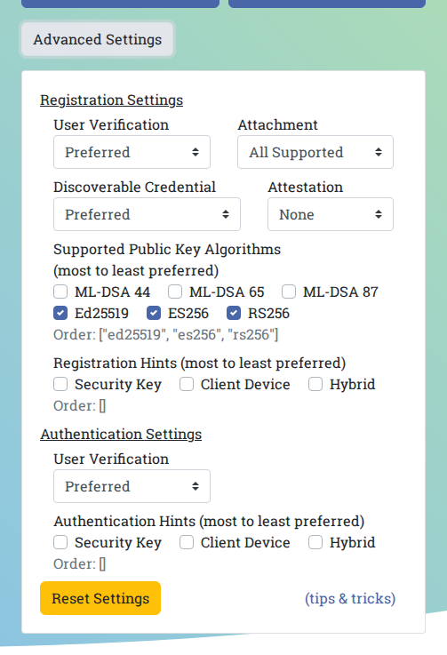 WebAuthn.io expanded advanced settings for passkey registration and authentication