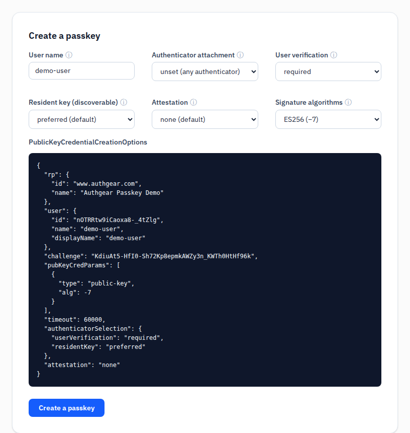 Authgear passkey demo with user verification required in the creation options