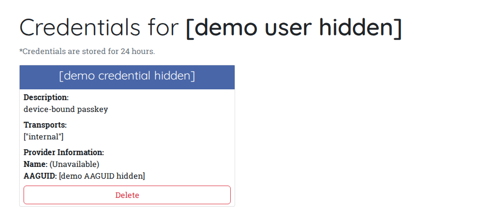 WebAuthn.io credential list showing a device-bound credential, provider details, and a Delete action