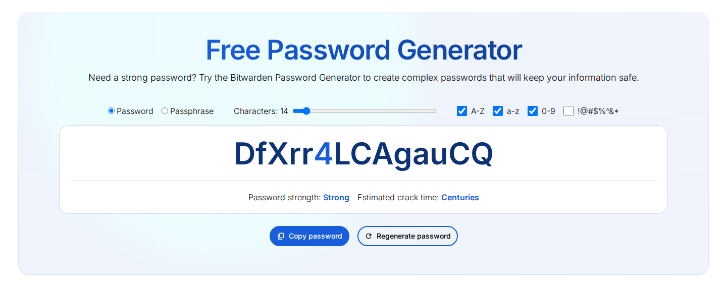 Bitwarden Password Generator showing a randomly generated strong password with a centuries-long estimated crack time