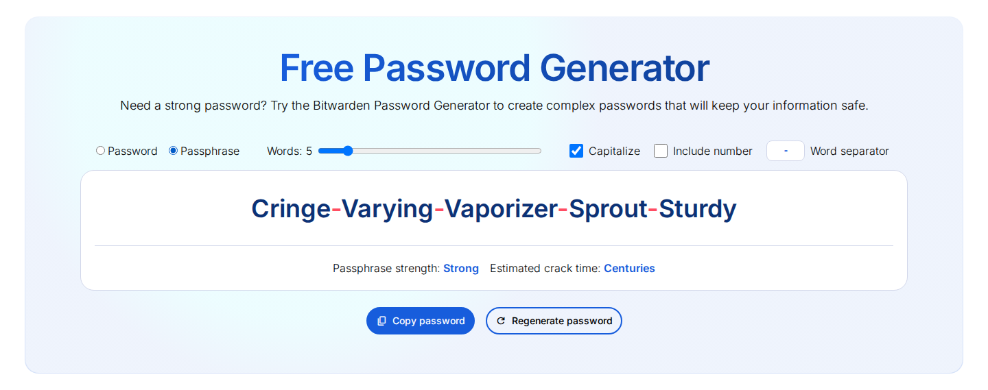 Bitwarden Password Generator showing a strong five-word passphrase with capitalization, number, and separator options