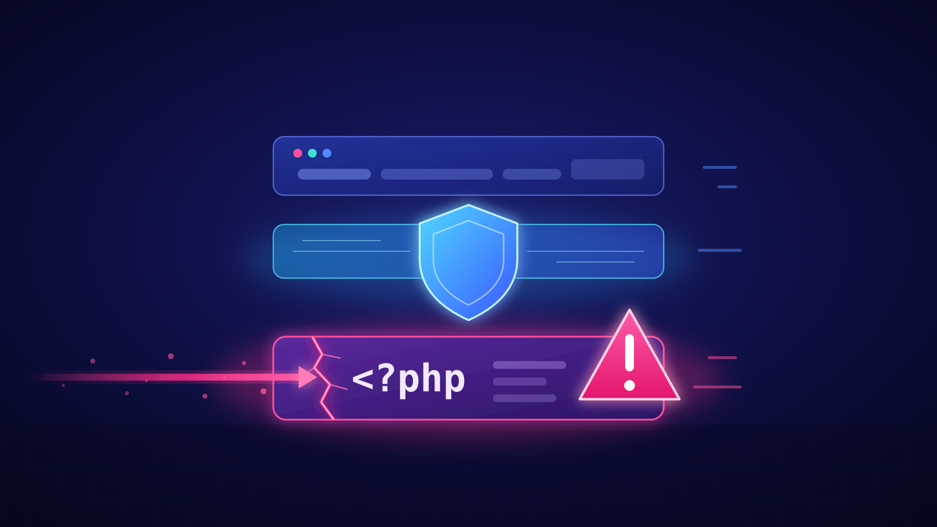 An attack request slipping beneath a firewall shield and striking a cracked PHP engine layer marked with a critical alert
