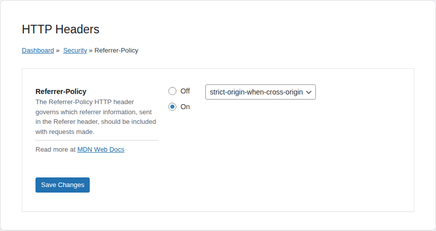 Saved Referrer-Policy setting in the HTTP Headers plugin