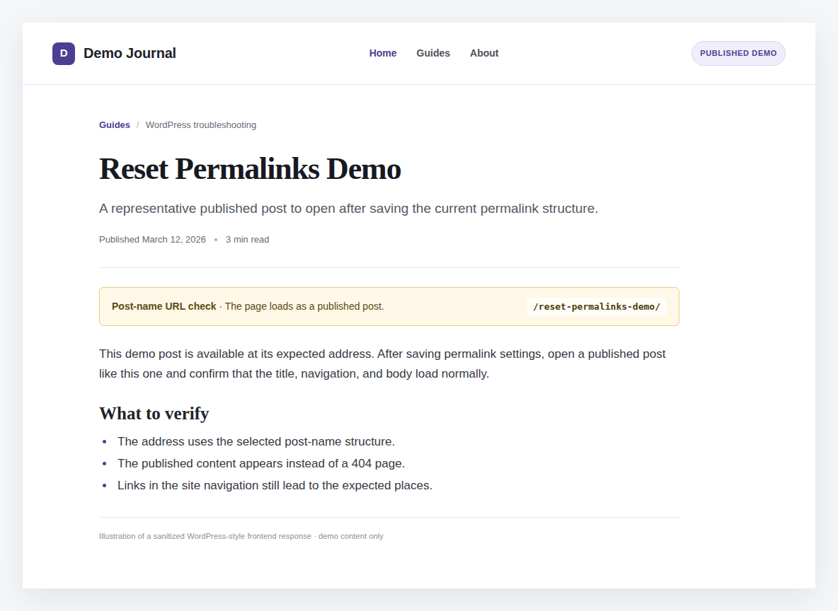 Published WordPress demo post at the expected post-name URL for a post-reset verification check.