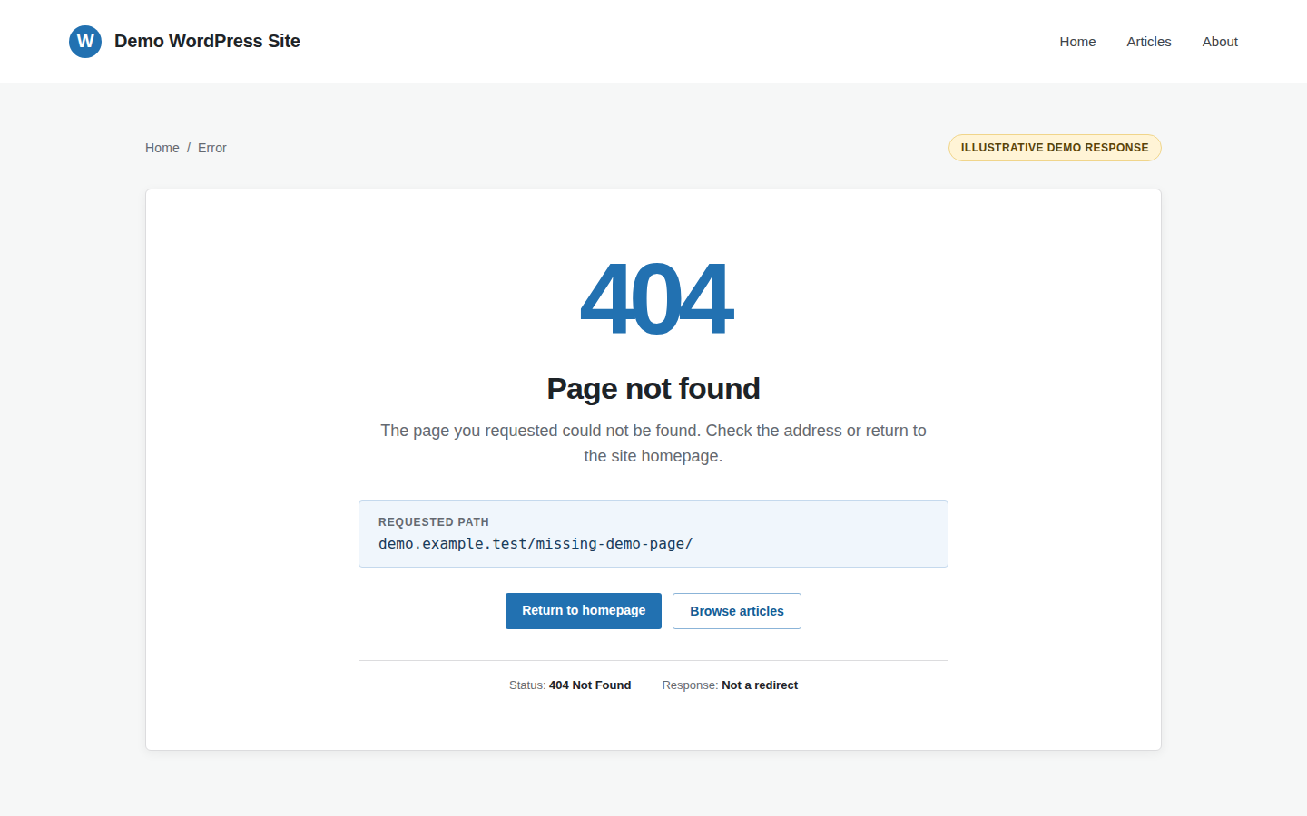 WordPress-style not-found page for a missing path, illustrating the 404 state to distinguish from redirects or login screens.