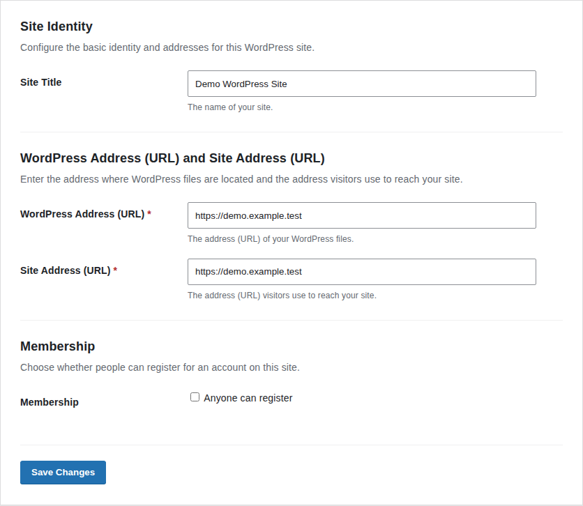 WordPress General Settings URL fields showing the WordPress Address and Site Address values to compare after a migration or restore.