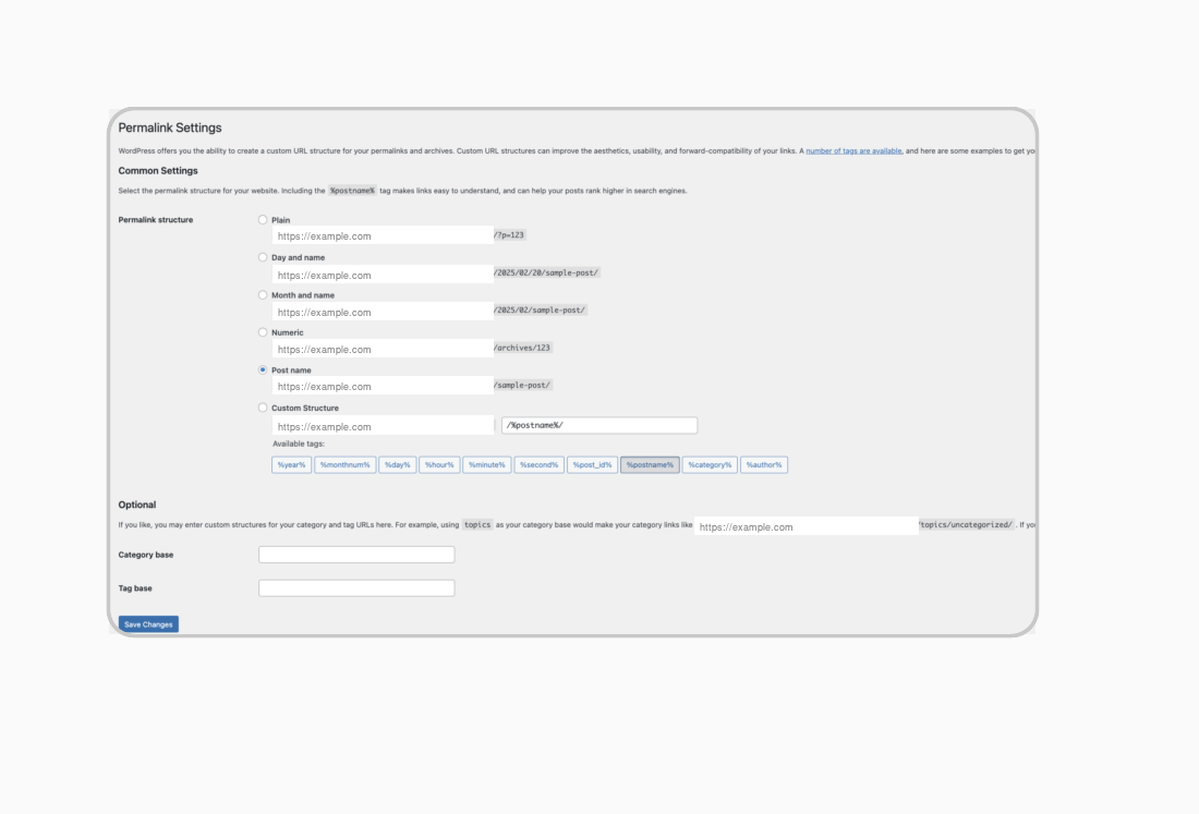 WordPress Permalink Settings screen with the current structure selected and Save Changes available.