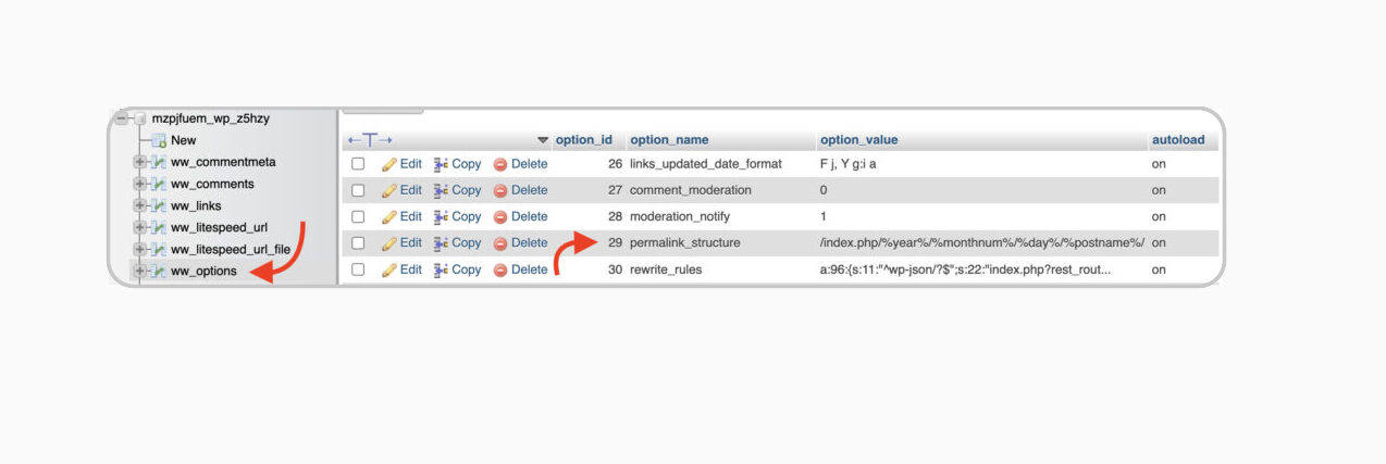WordPress options table showing the permalink_structure setting and rewrite_rules row for advanced database context.