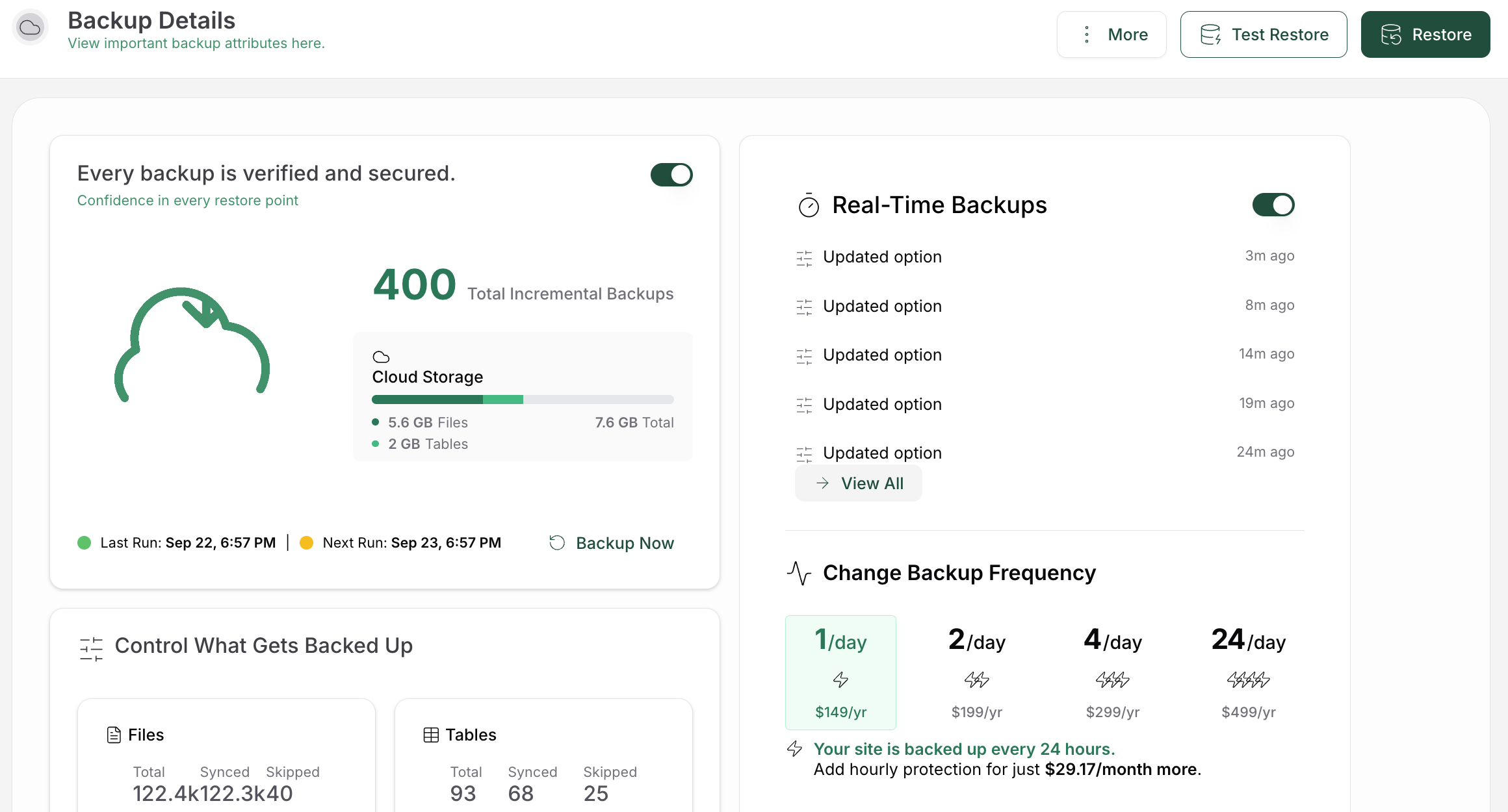 Backup details for a WordPress site
