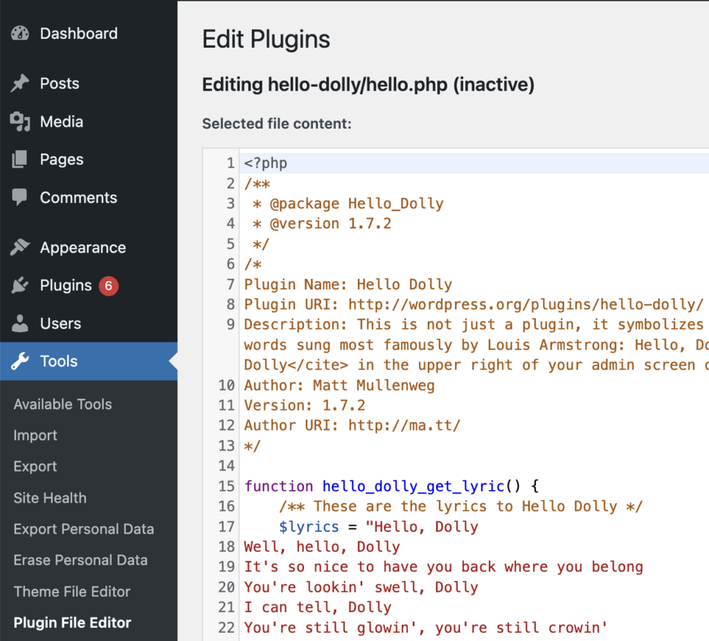 WordPress plugin and theme file editor in the dashboard