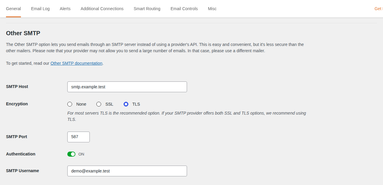 WP Mail SMTP connection settings for choosing an authenticated mailer