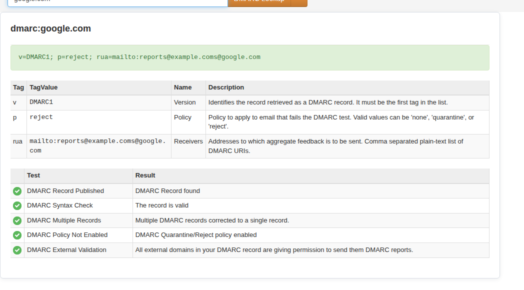 DMARC diagnostic result for checking domain email authentication
