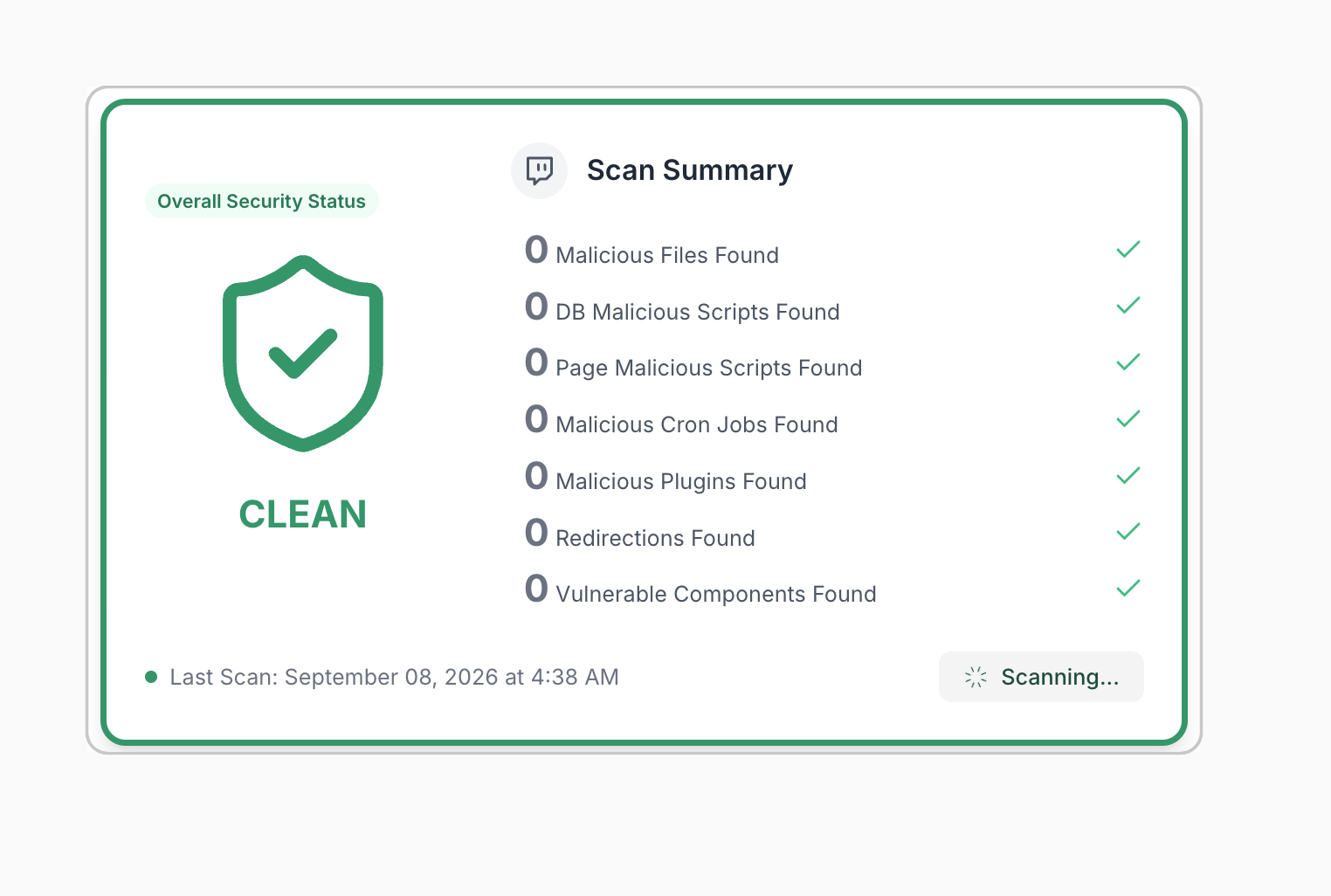 MalCare scan summary showing an in-progress security scan