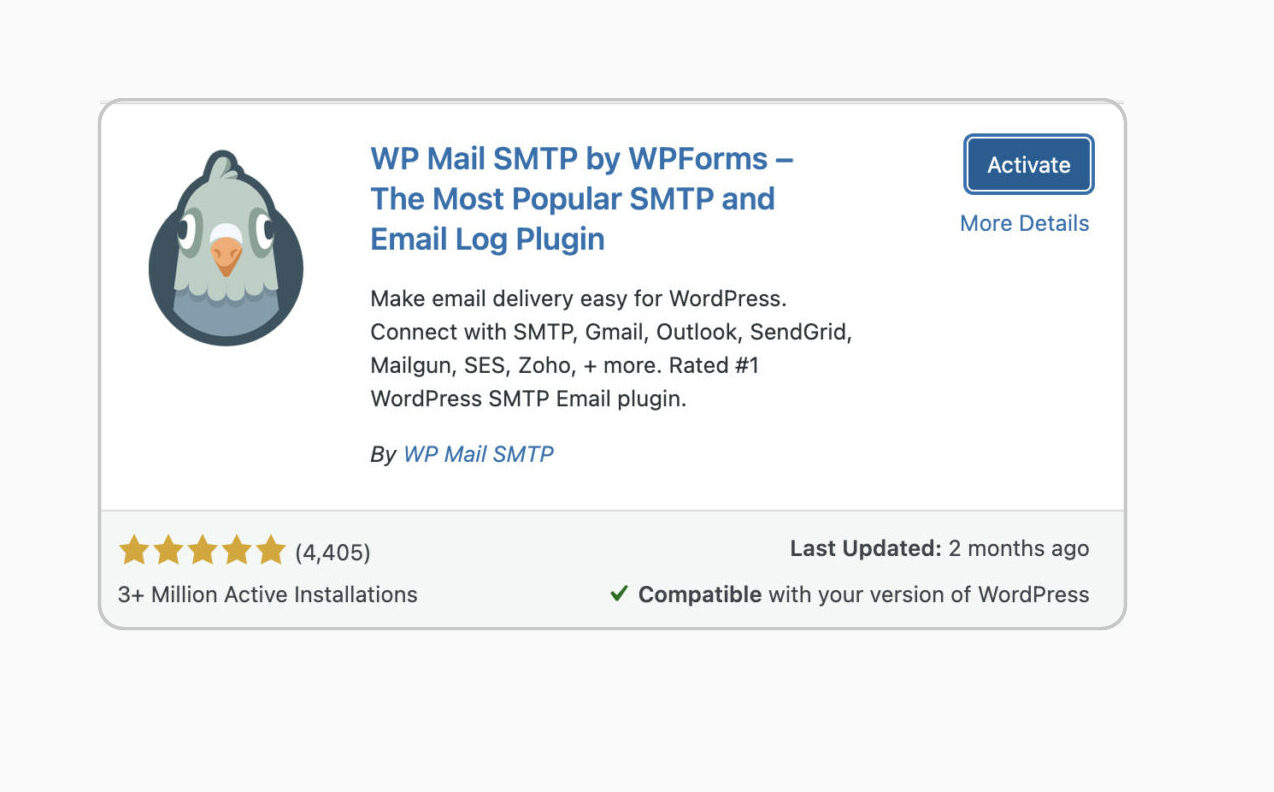 WP Mail SMTP plugin card showing supported email-service connections