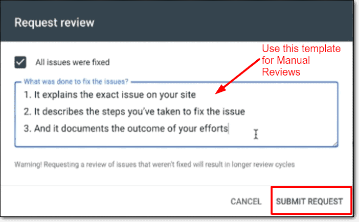 Google Search Console request review screen
