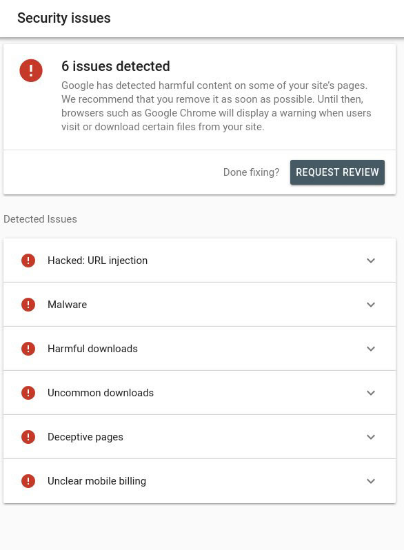 Security issues detected report with sample affected URLs