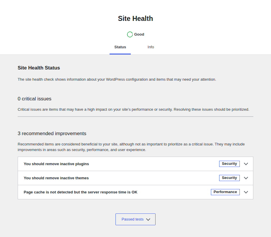 WordPress Site Health status summary