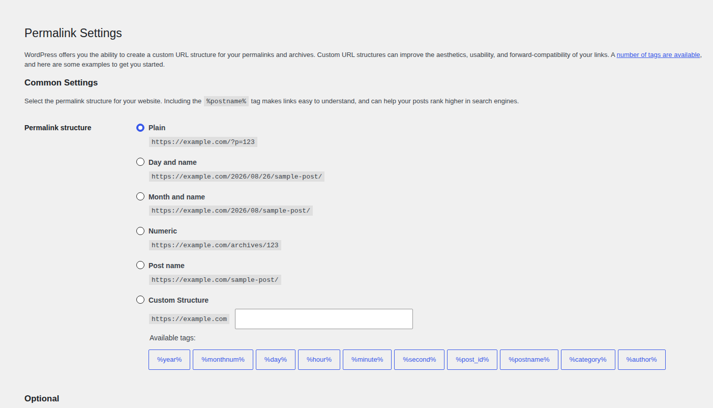 WordPress Permalink Settings rewrite structure controls