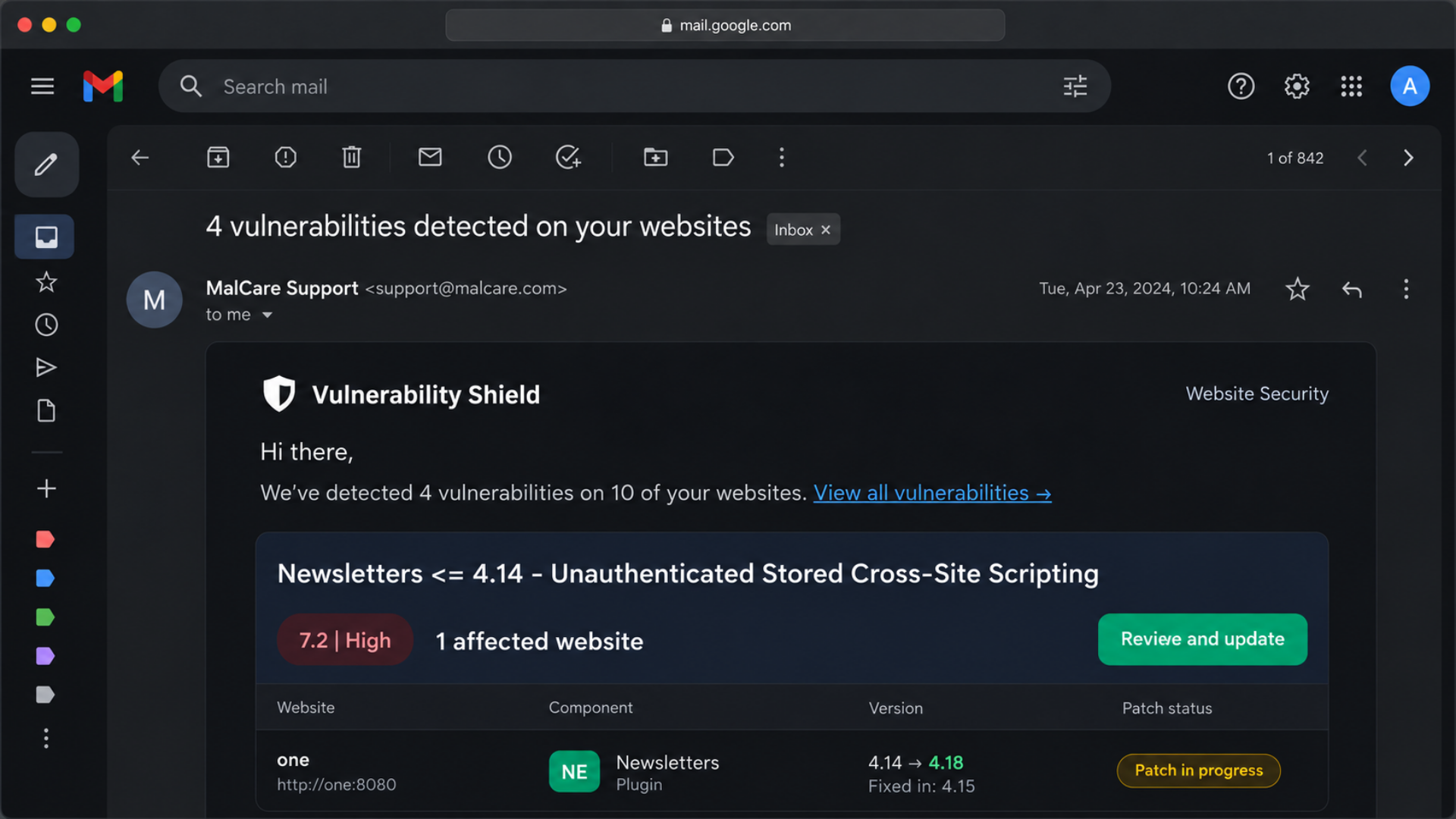 Vulnerability Shield email alert showing affected websites and patch status