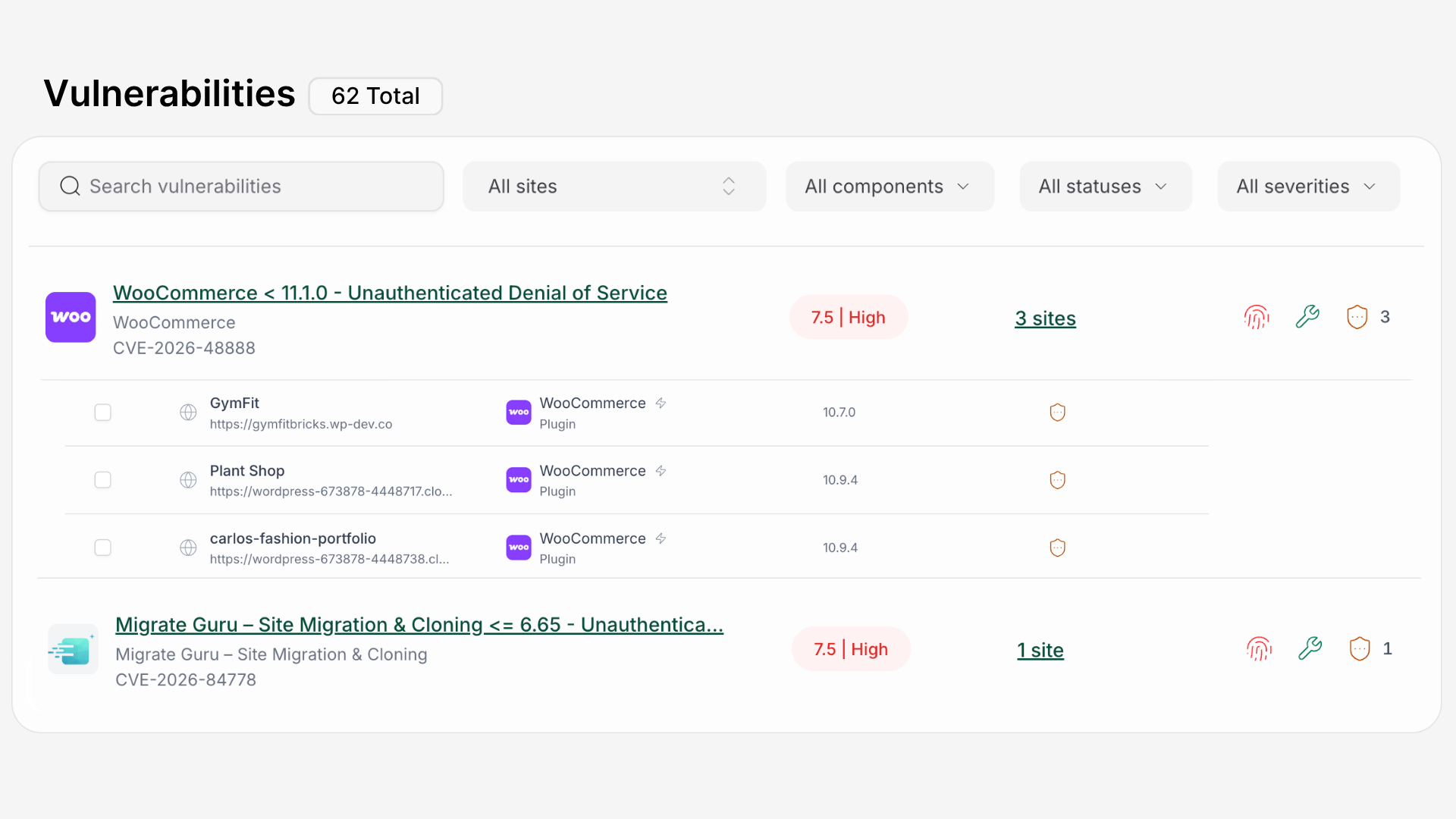 Account-wide vulnerability dashboard listing affected sites, components, severity, and patch status