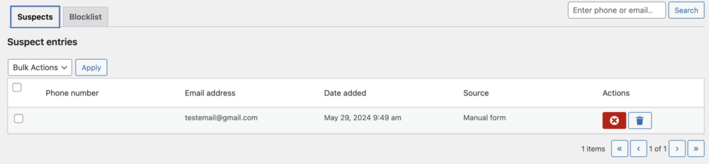 Suspects and blocklist tabs in a WooCommerce fraud prevention plugin