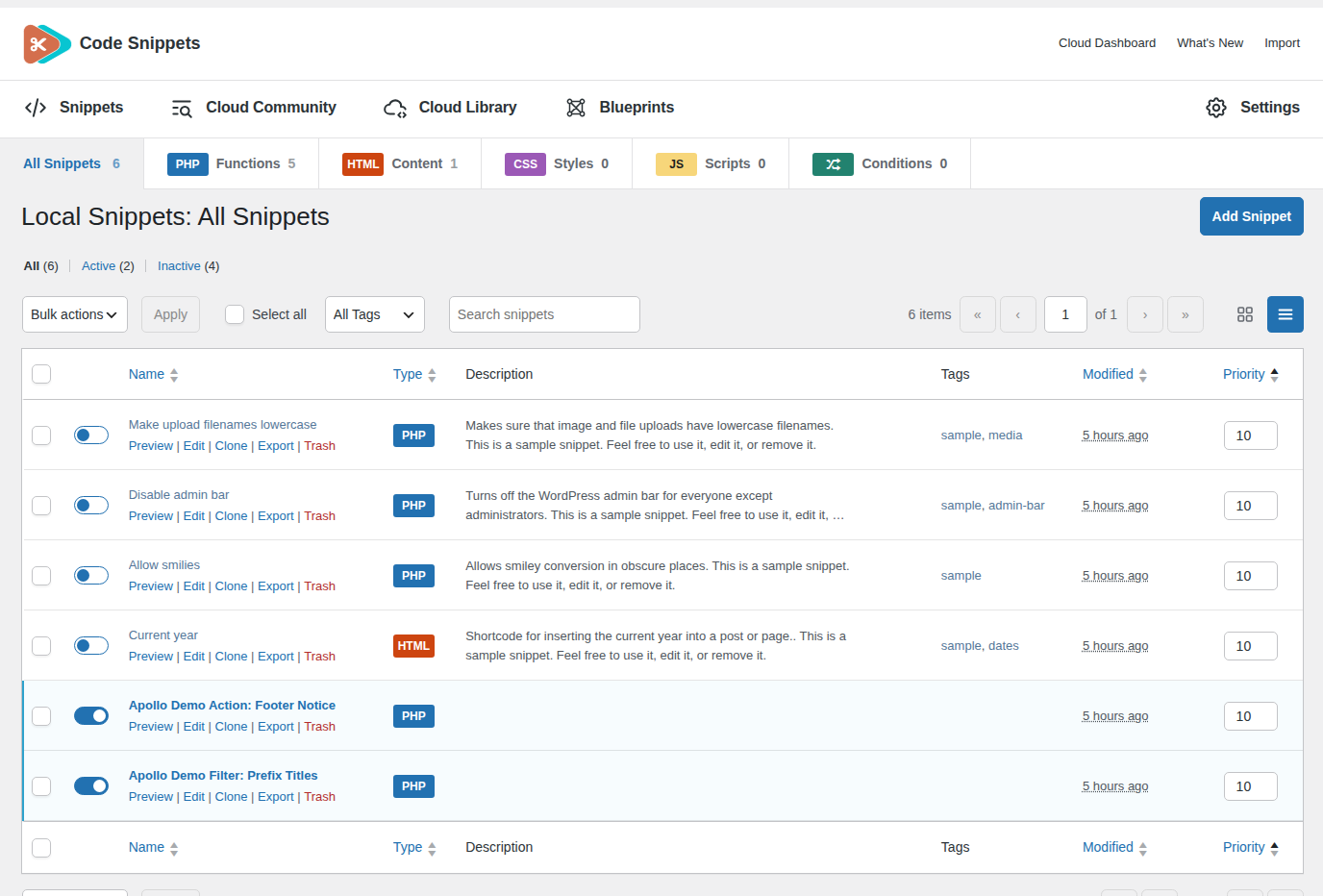 Code Snippets list showing active action and filter examples