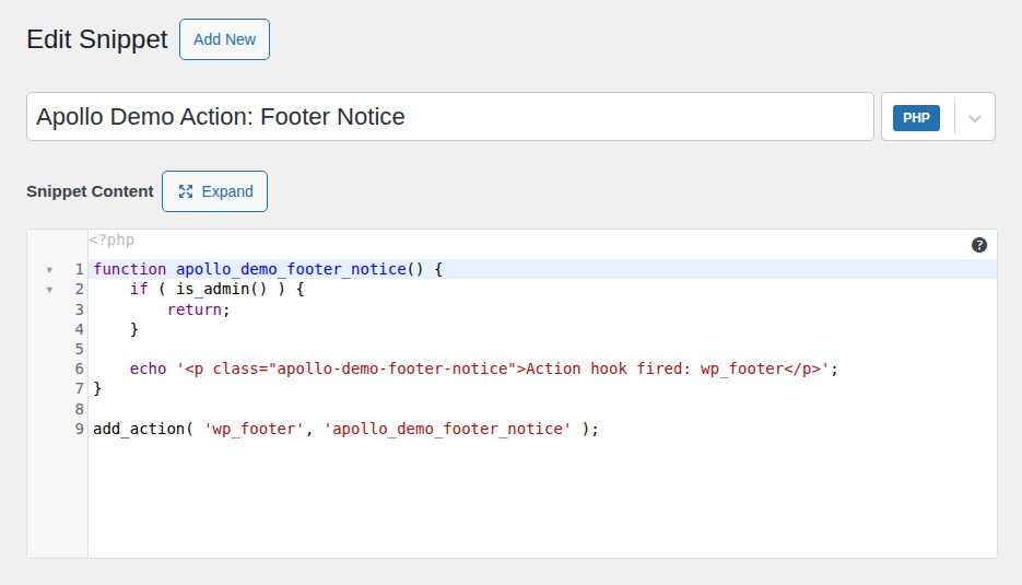 Code Snippets editor showing the wp_footer action callback