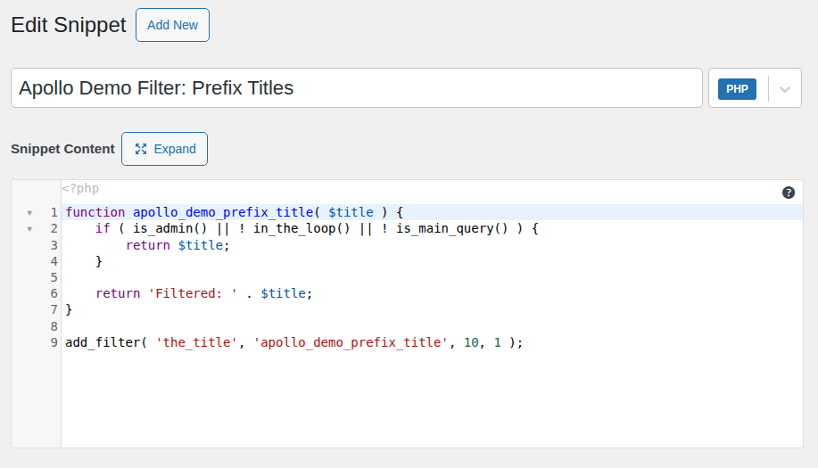 Code Snippets editor showing the_title filter callback