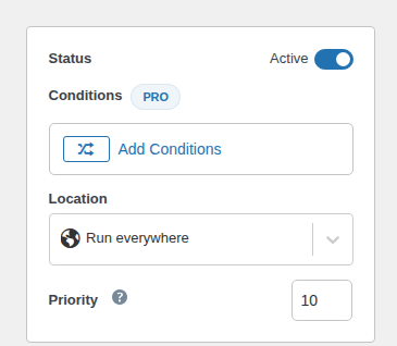Code Snippets controls showing status, conditions, location, and priority