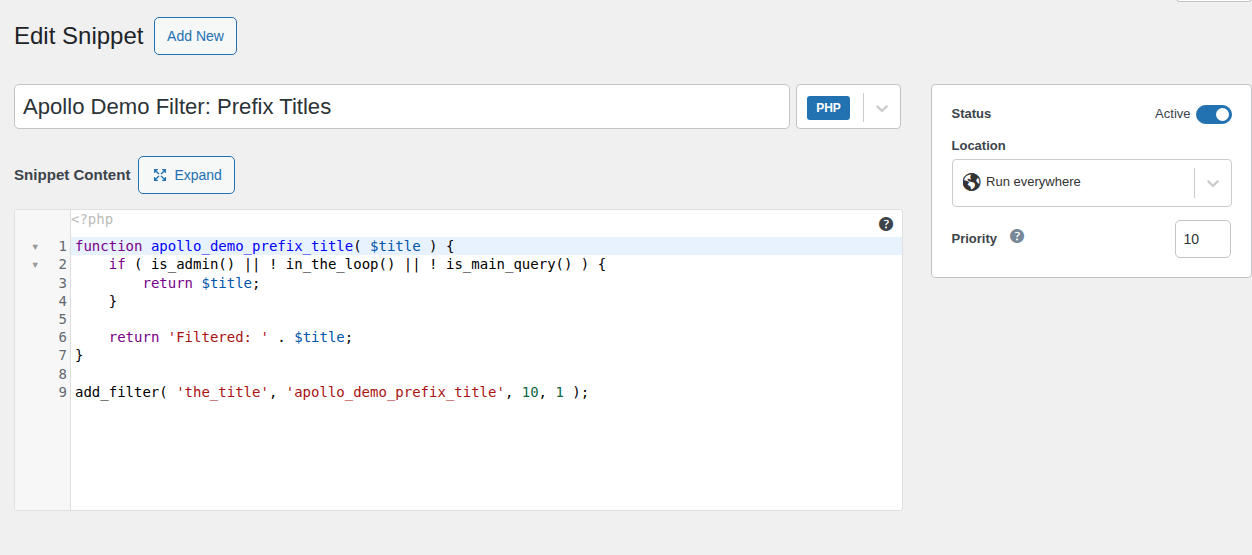 Code Snippets editor showing callback arguments and priority