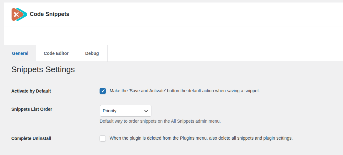 Code Snippets General settings for managing snippets safely