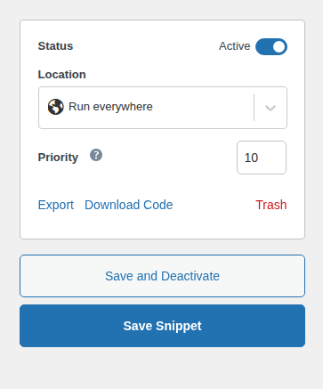 Code Snippets controls for saving, deactivating, exporting, or trashing a callback