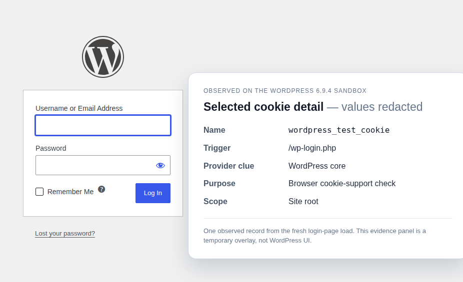 Selected WordPress cookie detail with provider and scope