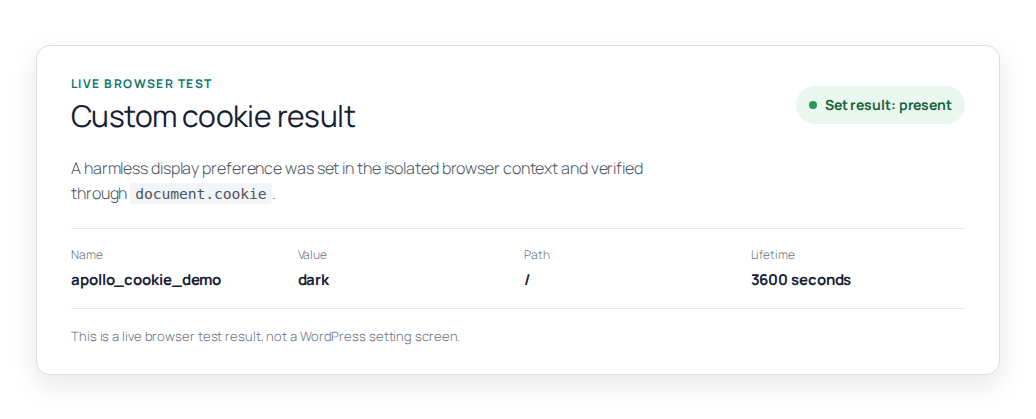 Live browser result for a custom WordPress cookie