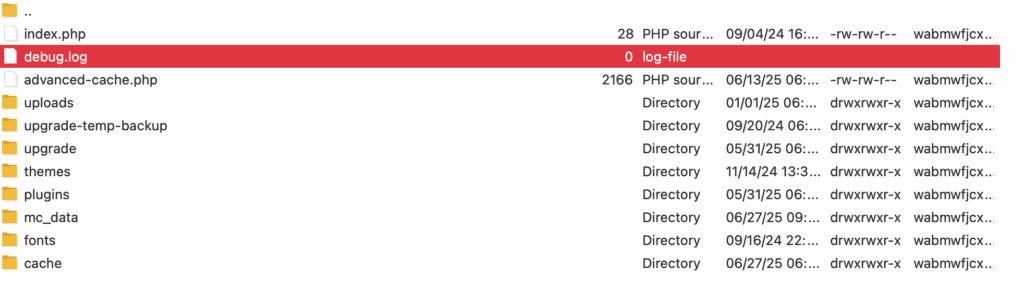 WordPress debug log displaying recorded PHP errors