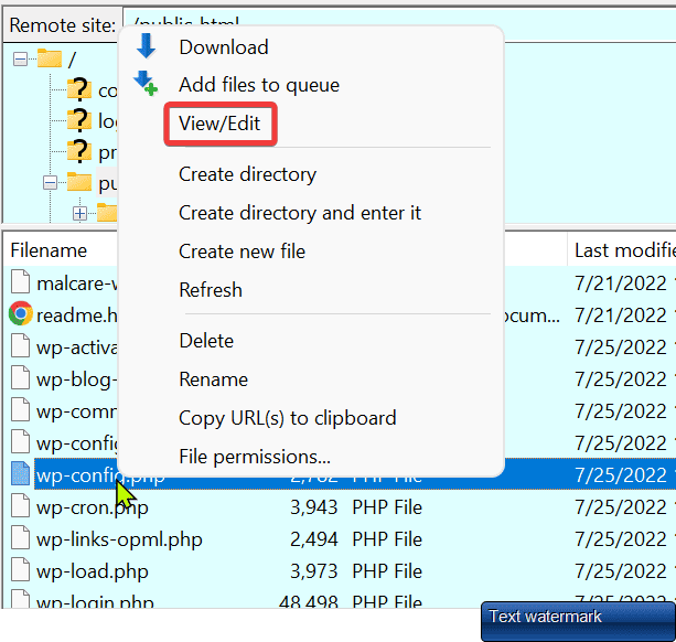FTP file menu with wp-config.php selected for editing