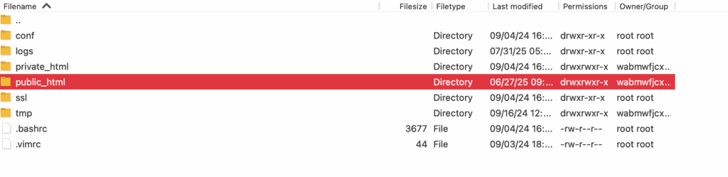 FileZilla showing the public_html directory for a WordPress site