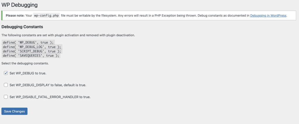 WP Debugging settings for WordPress debug constants